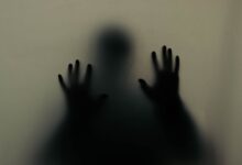 Mysterious silhouette of hands pressing against a translucent wall, creating an eerie atmosphere.