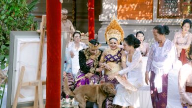 Festive Balinese wedding ceremony featuring traditional attire and cultural elements, celebrated with family.