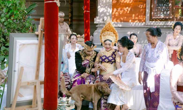 Festive Balinese wedding ceremony featuring traditional attire and cultural elements, celebrated with family.