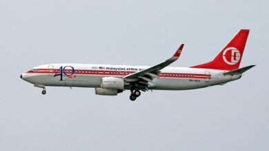 A Malaysian Airlines aircraft flying against a clear sky, showcasing aviation and travel.