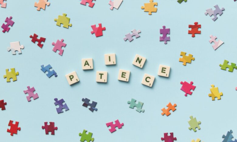 Scattered jigsaw puzzle pieces and Scrabble letters spelling 'PATIECE' on a light blue background.