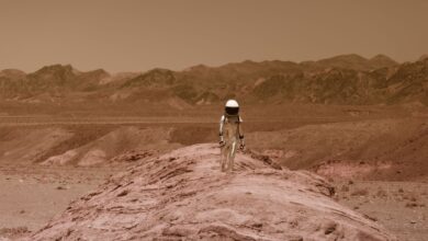 Astronaut walking on a barren, Mars-like desert landscape, depicting adventure and exploration.