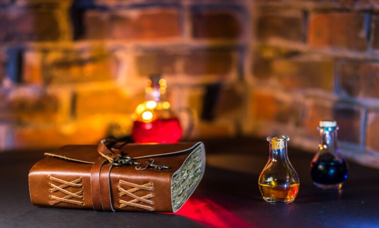 A spell book and potions in glass bottles with a brick wall backdrop.