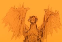 Artistic depiction of a dragon in abstract style with a vivid yellow background.