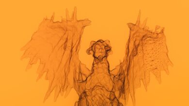 Artistic depiction of a dragon in abstract style with a vivid yellow background.