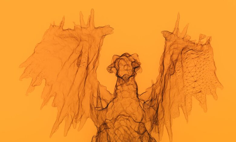 Artistic depiction of a dragon in abstract style with a vivid yellow background.