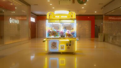 Brightly lit claw machine in a deserted shopping mall with plush toys inside.