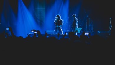 A lively concert scene with vivid lighting, featuring a singer and band on stage.