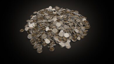A large pile of assorted coins on a dark black background, symbolizing wealth and finance.