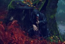Enlightening scene of a cloaked figure with staff in a mysterious forest surrounded by red ferns.