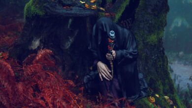 Enlightening scene of a cloaked figure with staff in a mysterious forest surrounded by red ferns.