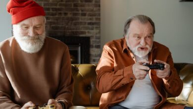 Two elderly men having fun playing video games on the couch.