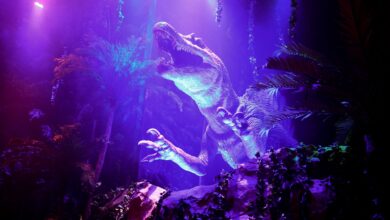 Exciting dinosaur display with vibrant lighting in an entertainment park.