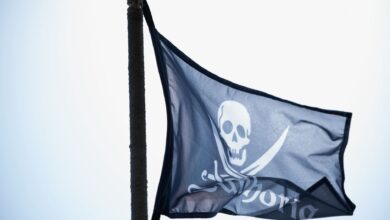 Close-up of a pirate flag with skull waving against the sky.