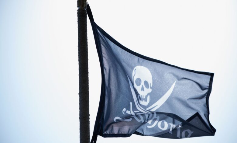 Close-up of a pirate flag with skull waving against the sky.
