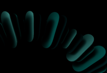 A striking abstract image with dark teal shapes forming a circular pattern on a black background.