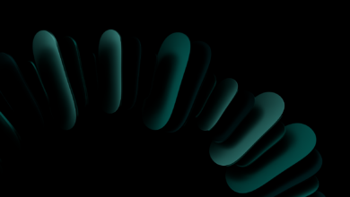 A striking abstract image with dark teal shapes forming a circular pattern on a black background.