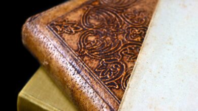 Detailed close-up of an antique leather bound book with ornate engraving and aged paper.