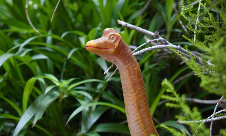 Brachiosaurus toy figurine nestled in vibrant greenery with a natural backdrop.