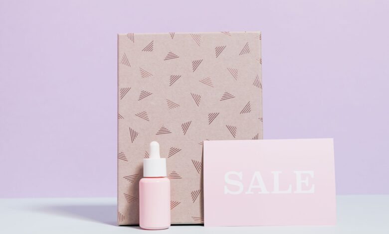 Chic skincare packaging with a prominent sale sign in a minimal design.