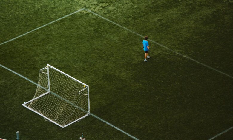 Aerial view of a lone soccer player near a goalpost on a grassy field.
