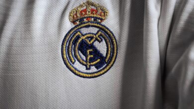 Detailed view of a famous embroidered logo on a white sports jersey fabric.