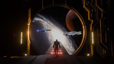 A lone figure watches starships approach a distant planet through a massive spaceport gateway.