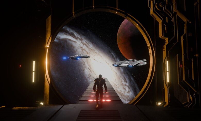 A lone figure watches starships approach a distant planet through a massive spaceport gateway.