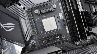 Detailed view of a gaming motherboard, showcasing an AMD processor and components.