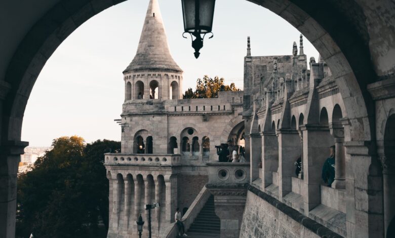Stunning view of Fisherman's Bastion's arches and towers in Budapest, Hungary.