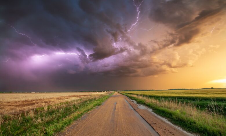 Stunning photo of a thunderstorm with lightning over a wheat field and dirt road in Oklahoma.