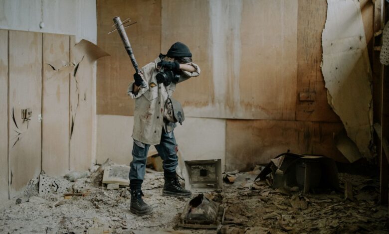 A dramatic post-apocalyptic scene with a masked figure holding a weapon in a dilapidated room.