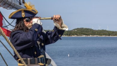 Pirate in blue outfit looking through spyglass on ship by the sea.