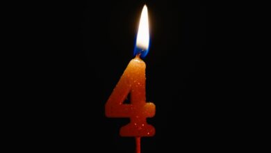 A lit number 4 candle against a black background, perfect for birthday celebrations and anniversaries.