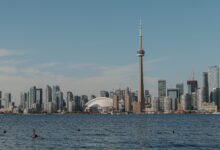 Beautiful view of Toronto skyline from across the water showcasing the iconic CN Tower and Rogers Centre.