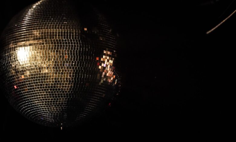 A shining disco ball reflecting light in a dark setting, capturing the essence of nightlife in Montréal.