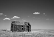 Black and white photo of a dilapidated house on open plains under a clear sky.