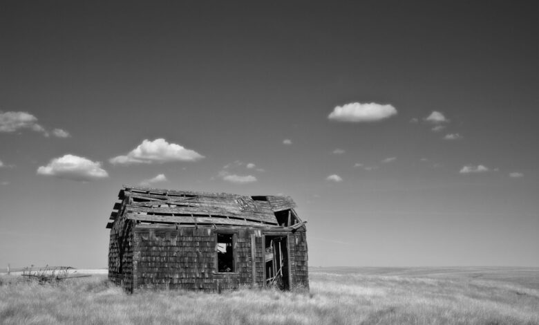 Black and white photo of a dilapidated house on open plains under a clear sky.