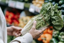 Crop faceless buyer choosing green lettuce while standing near stall with assorted vegetables on blurred background in supermarket during grocery shopping