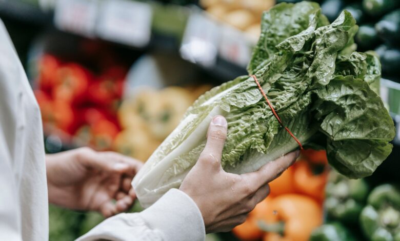 Crop faceless buyer choosing green lettuce while standing near stall with assorted vegetables on blurred background in supermarket during grocery shopping