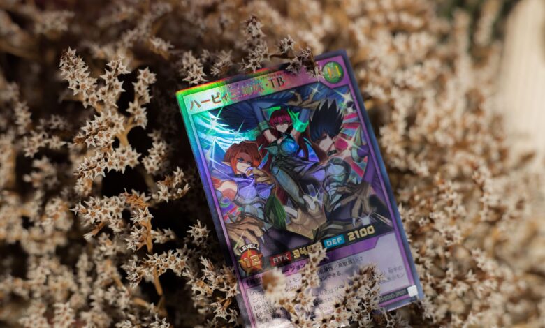 Vibrant trading card featuring anime artwork, placed on dried foliage. Perfect for collectors and hobbyists.