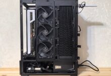 High-resolution image of a custom-built desktop computer with visible cooling system.