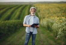 Mature farmer standing in a lush sunflower field using a tablet for agribusiness.