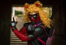 A unique blend of Deadpool and Sailor Moon in an outdoor cosplay shoot.