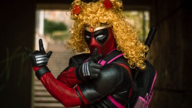 A unique blend of Deadpool and Sailor Moon in an outdoor cosplay shoot.