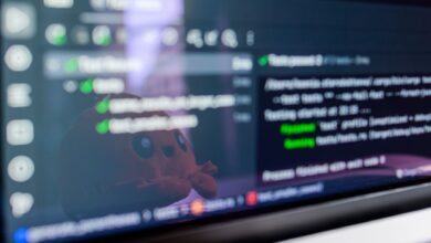 Close-up of a laptop screen displaying programming code with a cute plush toy reflecting.