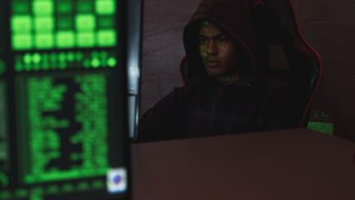Hooded programmer intensely focused on computer screen, ensuring data protection and cyber security.