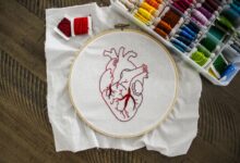 Close-up of an anatomical heart embroidery with vibrant threads on a wooden table.