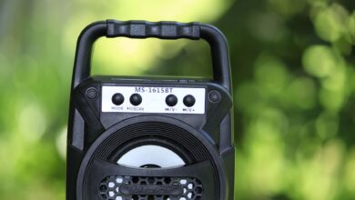 Close-up of portable Bluetooth speaker MS-1615BT in a vibrant outdoor setting.