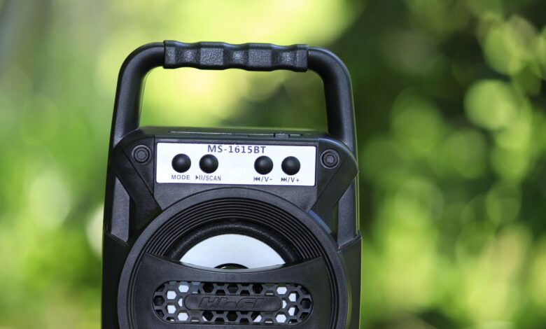 Close-up of portable Bluetooth speaker MS-1615BT in a vibrant outdoor setting.